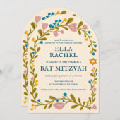 Floral Wreath Bat Mitzvah Handgezeichnet Custom QR Einladung (Vorne/Hinten)