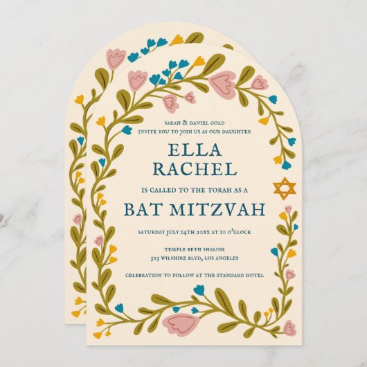 Floral Wreath Bat Mitzvah Handgezeichnet Custom QR Einladung (Vorne/Hinten)