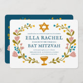 Floral Wreath Bat Mitzvah Handgezeichnet Custom QR Einladung (Vorne/Hinten)