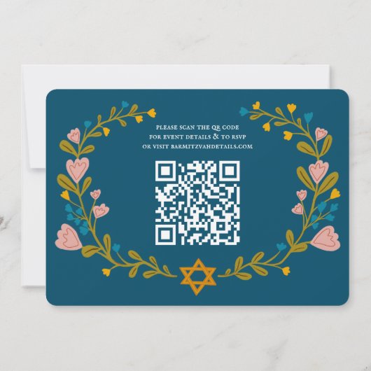 Floral Wreath Bat Mitzvah Handgezeichnet Custom QR Einladung (Rückseite)