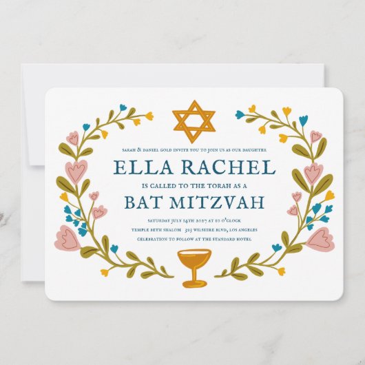 Floral Wreath Bat Mitzvah Handgezeichnet Custom QR Einladung (Vorderseite)