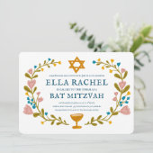 Floral Wreath Bat Mitzvah Handgezeichnet Custom QR Einladung (Stehend Vorderseite)