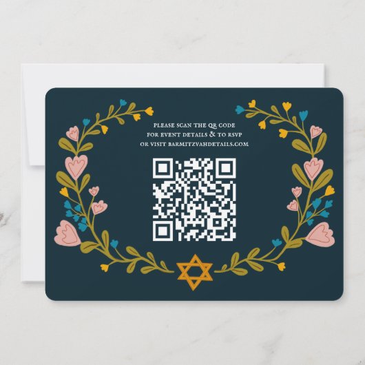 Floral Wreath Bat Mitzvah Handgezeichnet Custom QR Einladung (Rückseite)