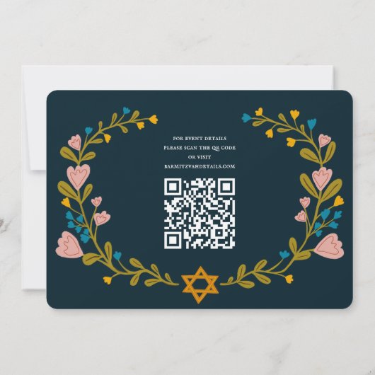 Floral Wreath Bat Mitzvah Handgezeichnet Custom QR Einladung (Rückseite)