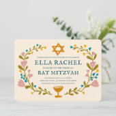 Floral Wreath Bat Mitzvah Handgezeichnet Custom QR Einladung (Stehend Vorderseite)