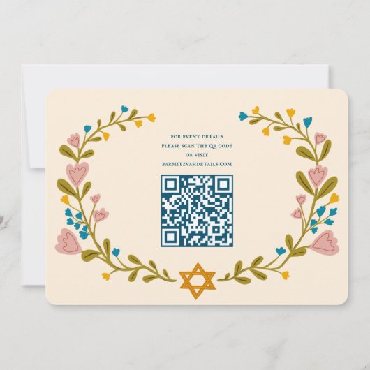 Floral Wreath Bat Mitzvah Handgezeichnet Custom QR Einladung (Rückseite)