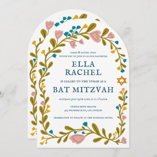 Floral Wreath Bat Mitzvah Handgezeichnet Custom QR Einladung (Vorne/Hinten)
