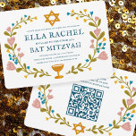 Floral Wreath Bat Mitzvah Handgezeichnet Custom QR Einladung<br><div class="desc">Perfekte Karte, um eine Bar mitzvah, Fledermausmitzvah oder andere jüdische Feier anzukündigen! Handgemachte Kunst für Sie! Vollständig anpassbar! Klicken Sie auf "Personalisieren" oben, um den Text zu bearbeiten und Ihre Links zum QR-Code auf der Rückseite hinzuzufügen. Klicken Sie auf "Bearbeiten mit dem Designwerkzeug", um die Schriftart, Farben und Einstellungen anzupassen....</div>