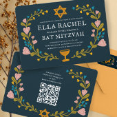 Floral Wreath Bat Mitzvah Handgezeichnet Custom QR Einladung