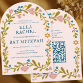 Floral Wreath Bat Mitzvah Handgezeichnet Custom QR Einladung