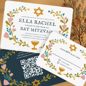 Floral Wreath Bat Mitzvah Handgezeichnet Custom QR Einladung
