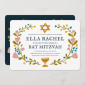 Floral Wreath Bat Mitzvah Handgezeichnet Custom QR Einladung (Vorne/Hinten)