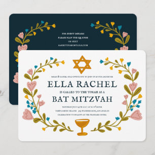 Floral Wreath Bat Mitzvah Handgezeichnet Custom QR Einladung