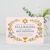 Floral Wreath Bat Mitzvah Handgezeichnet Custom QR Einladung (Stehend Vorderseite)