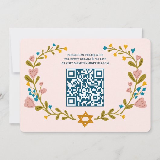 Floral Wreath Bat Mitzvah Handgezeichnet Custom QR Einladung (Rückseite)