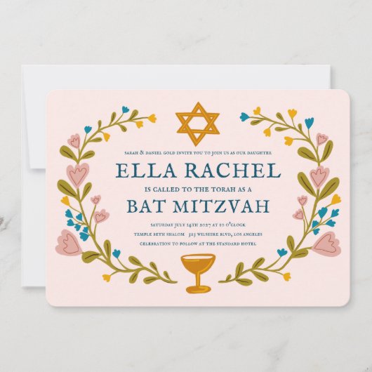 Floral Wreath Bat Mitzvah Handgezeichnet Custom QR Einladung (Vorderseite)