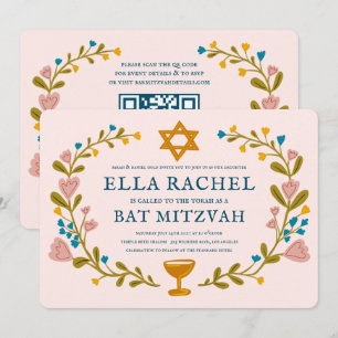 Floral Wreath Bat Mitzvah Handgezeichnet Custom QR Einladung