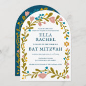 Floral Wreath Bat Mitzvah Handgezeichnet Custom QR Einladung (Vorne/Hinten)