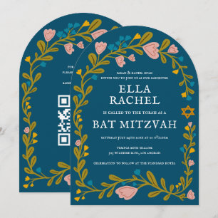 Floral Wreath Bat Mitzvah Handgezeichnet Custom QR Einladung