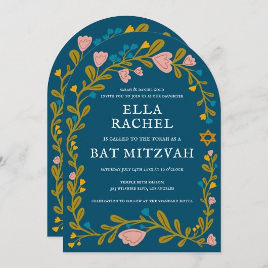 Floral Wreath Bat Mitzvah Handgezeichnet Custom QR Einladung (Vorne/Hinten)