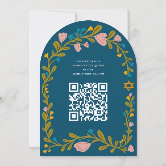 Floral Wreath Bat Mitzvah Handgezeichnet Custom QR Einladung (Rückseite)