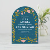 Floral Wreath Bat Mitzvah Handgezeichnet Custom QR Einladung (Stehend Vorderseite)