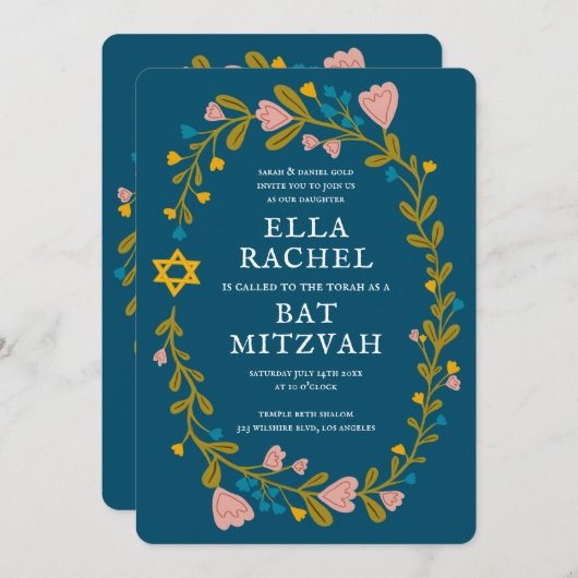 Floral Wreath Bat Mitzvah Handgezeichnet Custom QR Einladung (Vorne/Hinten)