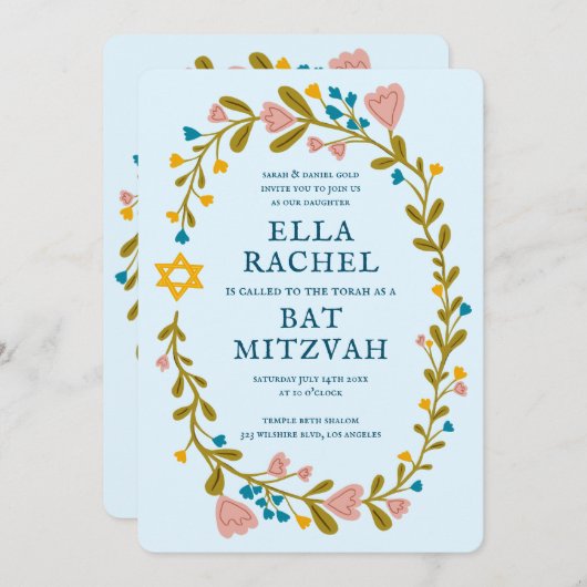Floral Wreath Bat Mitzvah Handgezeichnet Custom QR Einladung (Vorne/Hinten)