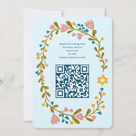 Floral Wreath Bat Mitzvah Handgezeichnet Custom QR Einladung (Rückseite)