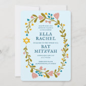 Floral Wreath Bat Mitzvah Handgezeichnet Custom QR Einladung (Vorderseite)