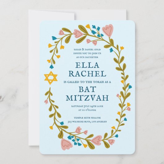 Floral Wreath Bat Mitzvah Handgezeichnet Custom QR Einladung (Vorderseite)
