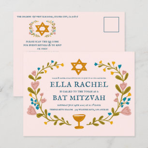 Floral Wreath Bat Mitzvah Handgezeichnet Custom QR Postkarte