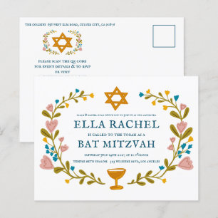 Floral Wreath Bat Mitzvah Handgezeichnet Custom QR Postkarte