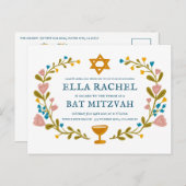 Floral Wreath Bat Mitzvah Handgezeichnet Custom QR Postkarte (Vorne/Hinten)