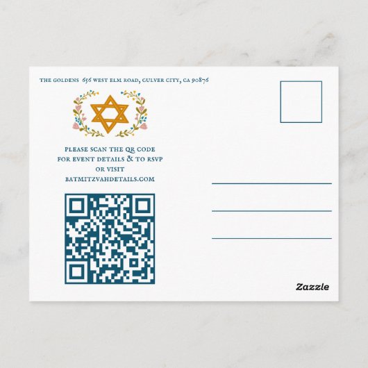 Floral Wreath Bat Mitzvah Handgezeichnet Custom QR Postkarte (Rückseite)
