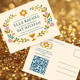 Floral Wreath Bat Mitzvah Handgezeichnet Custom QR Postkarte