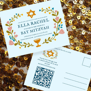 Floral Wreath Bat Mitzvah Handgezeichnet Custom QR Postkarte
