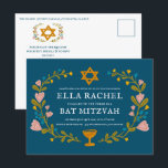 Floral Wreath Bat Mitzvah Handgezeichnet Custom QR Postkarte<br><div class="desc">Perfekte Postkarte, um eine Bar mitzvah, Fledermausmitzvah oder andere jüdische Feier anzukündigen! Handgemachte Kunst für Sie! Vollständig anpassbar! Klicken Sie auf "Personalisieren" oben, um den Text zu bearbeiten und den Link zum QR-Code auf der Rückseite hinzuzufügen. Klicken Sie auf "Bearbeiten mit dem Designwerkzeug", um die Schriftart, Farben und Einstellungen anzupassen....</div>
