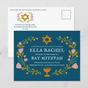 Floral Wreath Bat Mitzvah Handgezeichnet Custom QR Postkarte
