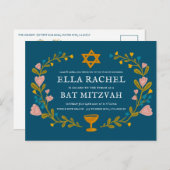 Floral Wreath Bat Mitzvah Handgezeichnet Custom QR Postkarte (Vorne/Hinten)