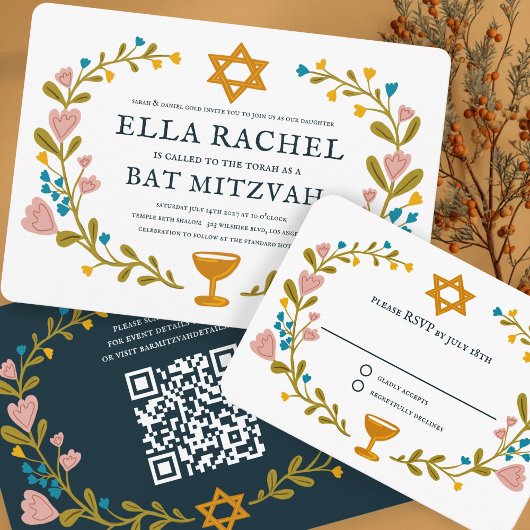 Floral Wreath Bat Mitzvah Handgezeichnet Custom UA Begleitkarte
