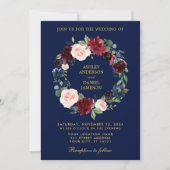 Floral Wreath Burgundy Blue Gold Wedding B Einladung (Vorderseite)