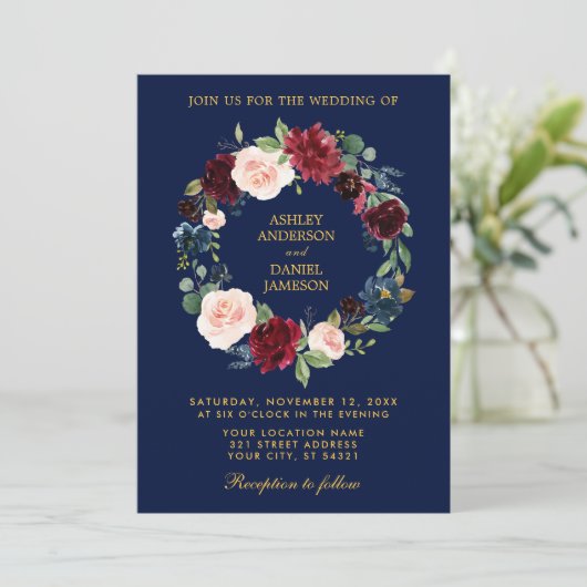 Floral Wreath Burgundy Blue Gold Wedding B Einladung (Stehend Vorderseite)