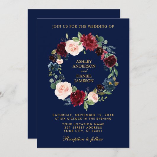 Floral Wreath Burgundy Blue Gold Wedding B Einladung (Vorne/Hinten)