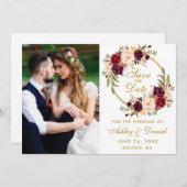 Floral Wreath Burgundy Gold Save the Date Foto (Vorne/Hinten)