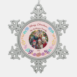 Floral Wreath Cheshire Cat Pink Weihnachts-Foto Schneeflocken Zinn-Ornament