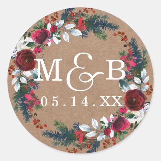 Floral Wreath Christmas Wedding Monogram Sticker (Vorderseite)