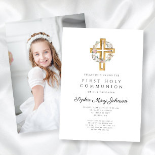Floral Wreath Cross Foto Girl First Communation Einladung