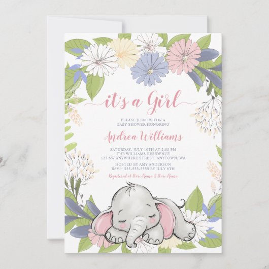 Floral Wreath Elephant Girl Baby Dusche Einladung (Vorderseite)
