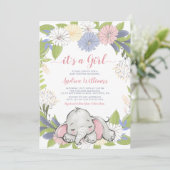 Floral Wreath Elephant Girl Baby Dusche Einladung (Stehend Vorderseite)